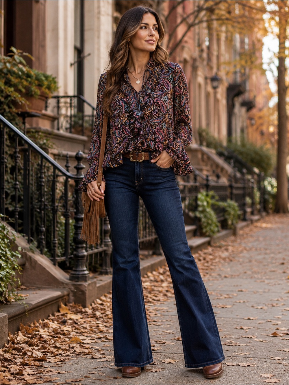 Agora PS Paisley Ruffle Tie Neck Blouse Boho Long Sleeve Top